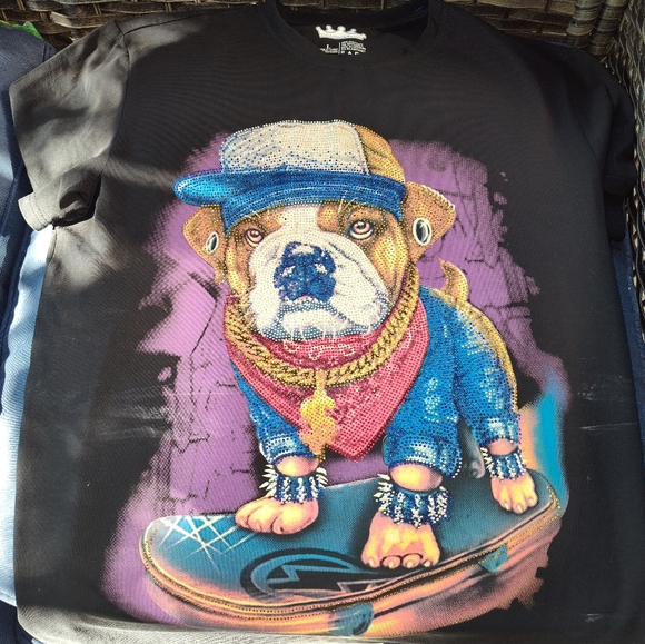 HEADS OR TAILS Mens rhinestone Bulldog Skater T Shirt Large LG NEW - Picture 1 of 3